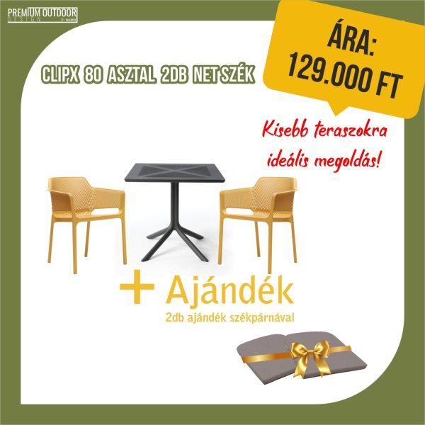 CLIPX80 asztal 2db NET szék ajándék székpárnákkal
